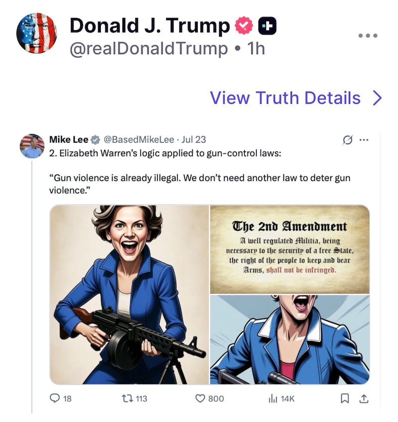 Trump reposted multiple posts taking aim at Democrat Senator Elizabeth Warren.