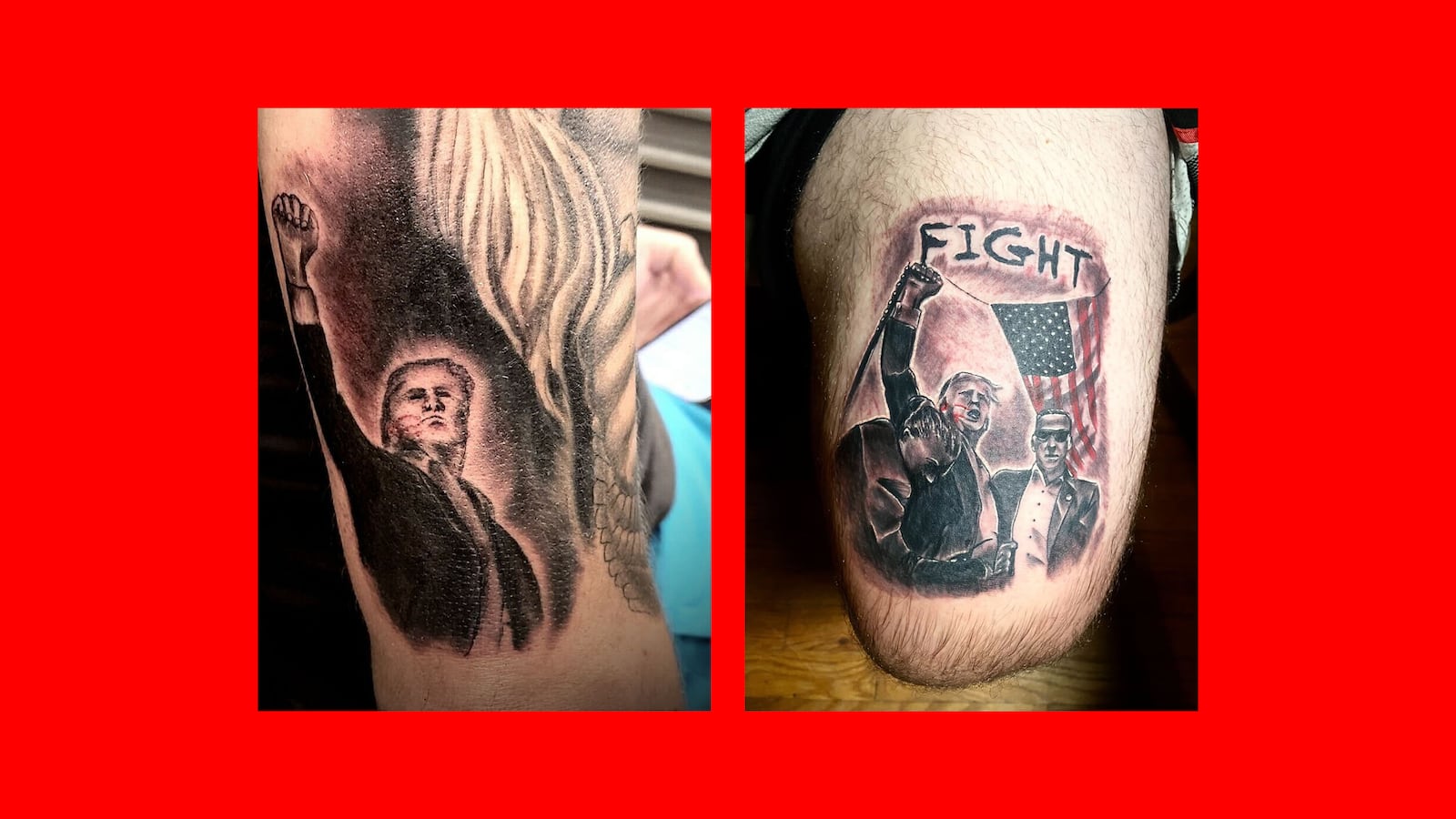 Joe Dillon and Tyler Jackson's Trump attempted assassination tattoos.