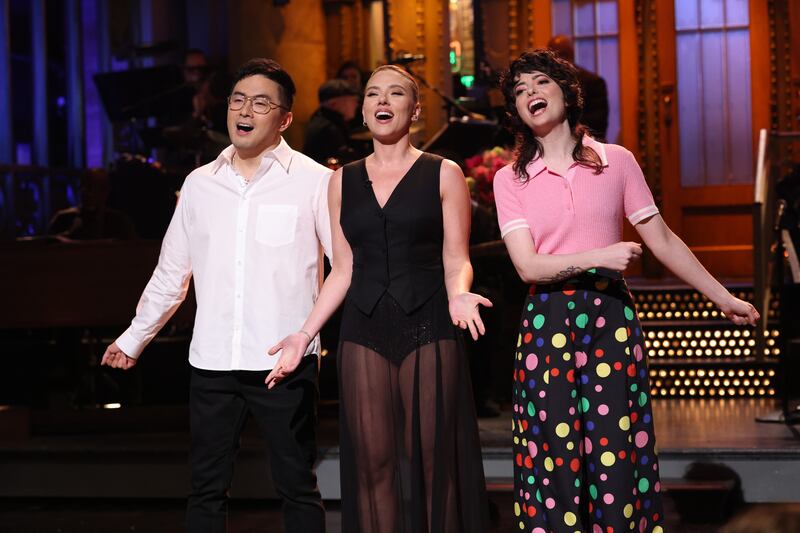 SATURDAY NIGHT LIVE -- Episode 1884 -- Pictured: (l-r) Bowen Yang, host Scarlett Johansson, and Sarah Sherman during the monologue on Saturday, May 17, 2025 -- (Photo by: Will Heath/NBC via Getty Images)