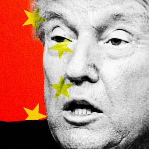 Illo illustration of Donald Trump looking confused staring at a red circled letter f like a failing grade and yellow stars on front of a red background looking like the Chinese flag
