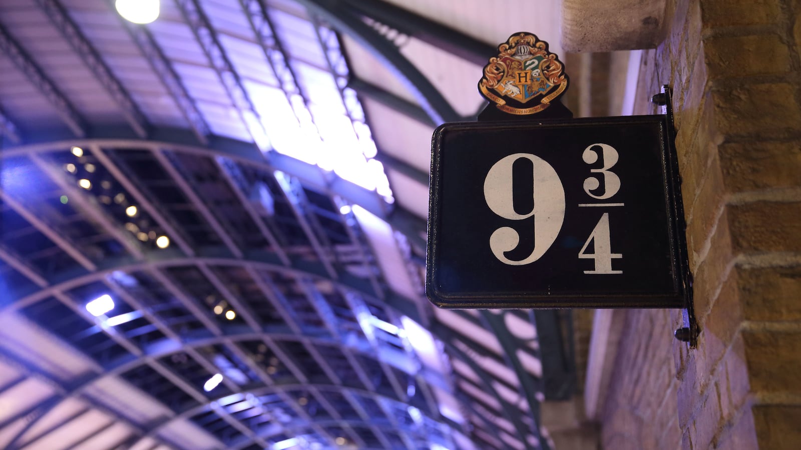 A recreation of the Harry Potter series’ Platform 9 3/4 sign is pictured at Warner Bros Studios on March 3, 2015 in London.
