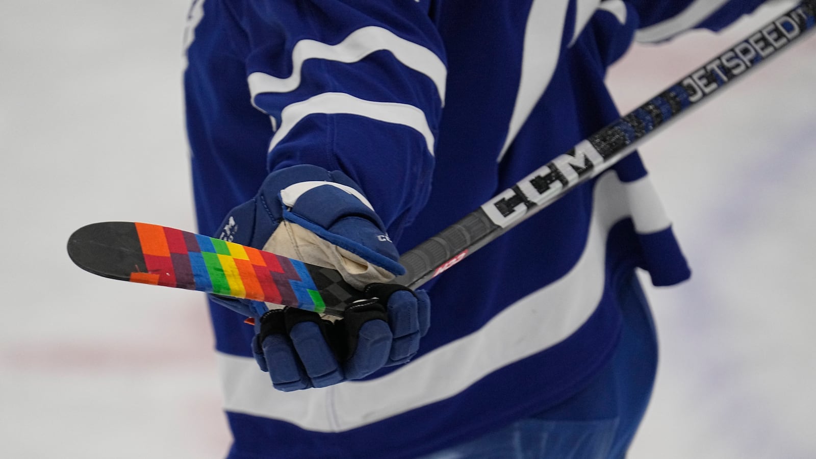 Pride colored tape on the stick of Toronto Maple Leafs defenseman Morgan Rielly