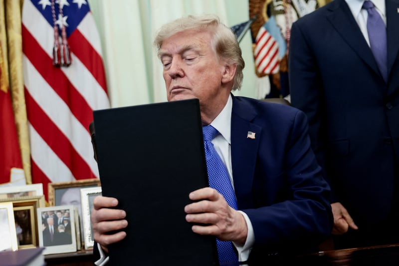 U.S. President Donald Trump attends an event to sign executive orders related to birthright citizenship and the polysilicon industry, in the Oval Office at the White House in Washington, D.C., U.S., August 6, 2026.