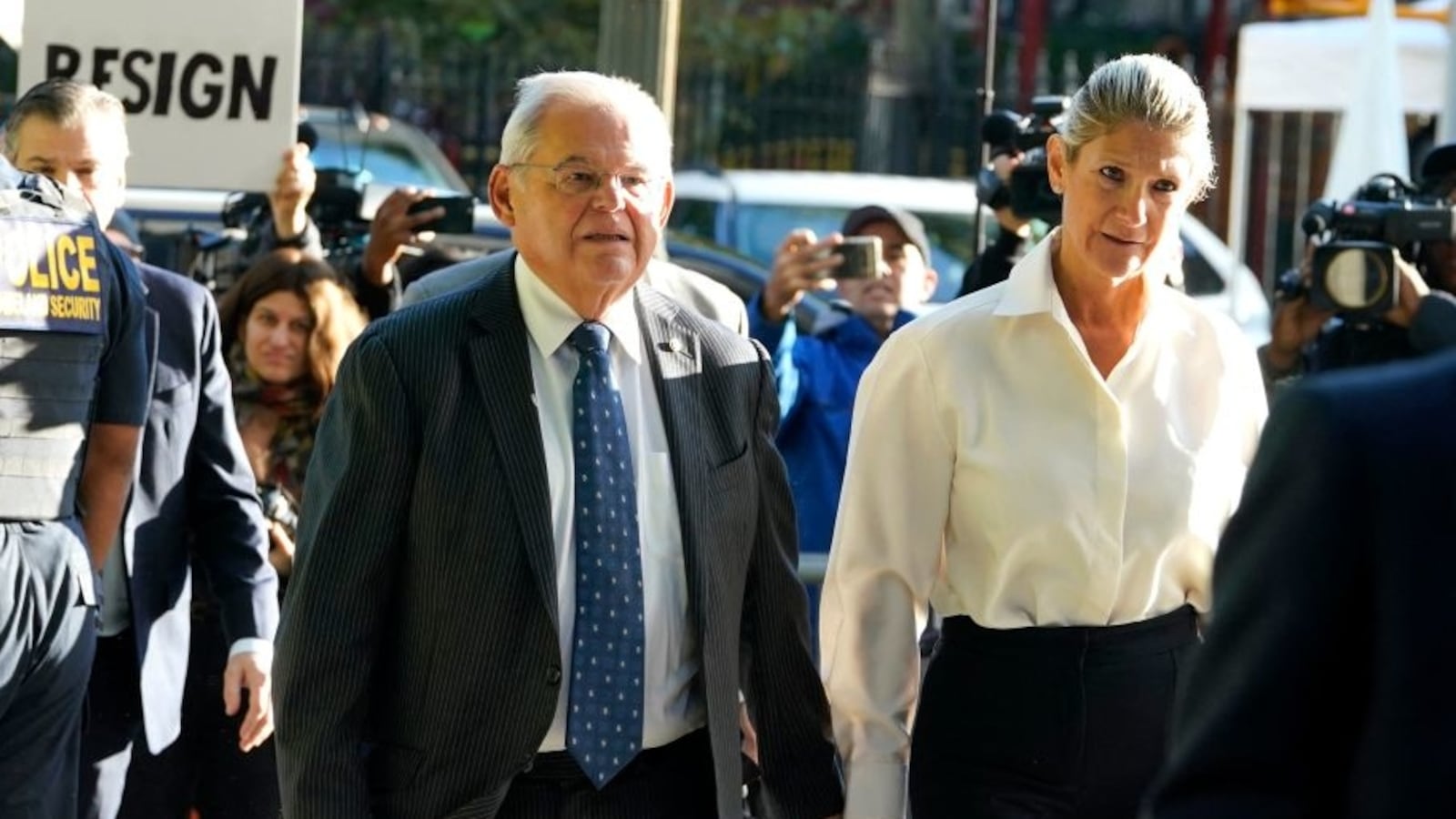U.S. Senator Bob Menendez, Democrat of New Jersey, and his wife Nadine Arslanian, arrive at the US District Court for the Southern District of New York.
