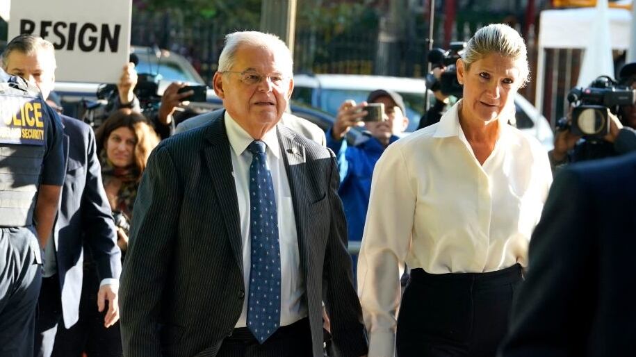U.S. Senator Bob Menendez, Democrat of New Jersey, and his wife Nadine Arslanian, arrive at the US District Court for the Southern District of New York.