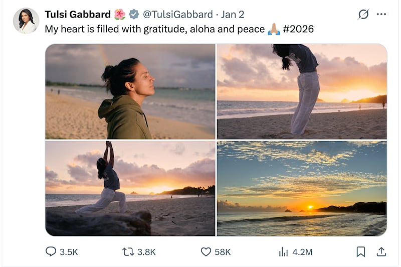 The day before the Venezuela strikes, Gabbard posted photos opf her doing yoga on what appeared to be a Hawaii beach.
