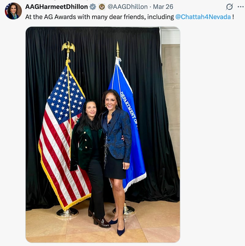 Sigal Chattah poses with U.S. Assistant Attorney General Harmeet Dhillon.