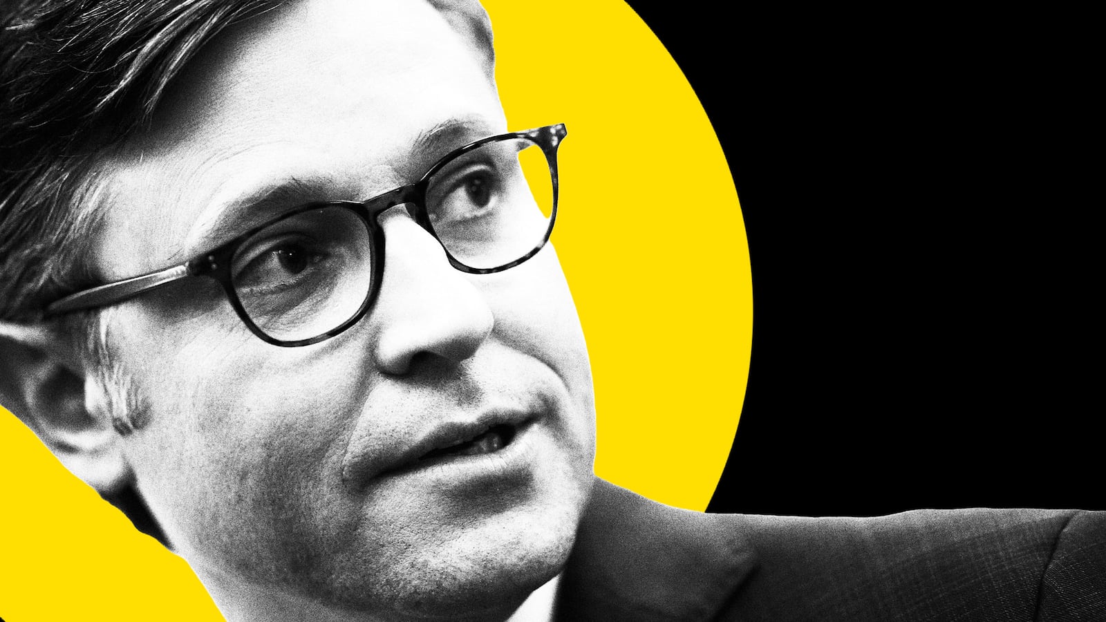 Photo illustration of Mike Johnson with a yellow circle behind him and a black background.