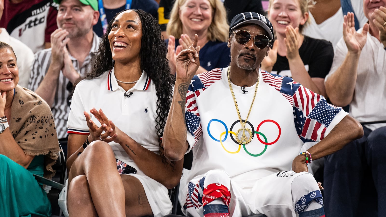 PARIS, FRANCE - AUGUST 06: A'ja Wilson of Team USA and Snoop Dogg attend the game during the quarterfinal between USA and Brazil