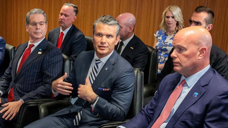 U.S. Defense Secretary Pete Hegseth speaks, with Treasury Secretary Scott Bessent and Secretary of State Marco Rubio next to him, as U.S. President Donald Trump takes part in a bilateral meeting with Ukrainian President Volodymyr Zelenskiy (not pictured) alongside the NATO leaders summit at the Bestepe Presidential Compound, in Ankara, Turkey, July 8, 2026. REUTERS/Jonathan Ernst