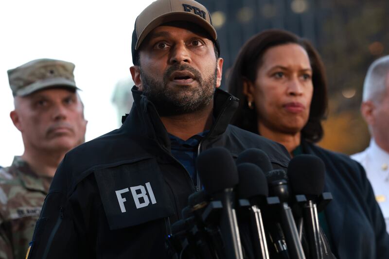 FBI Director Kash Patel, joined by Washington, DC Mayor Muriel Bowser, speaks to the media following the shooting of two National Guard soldiers on November 26, 2025 in Washington, DC.