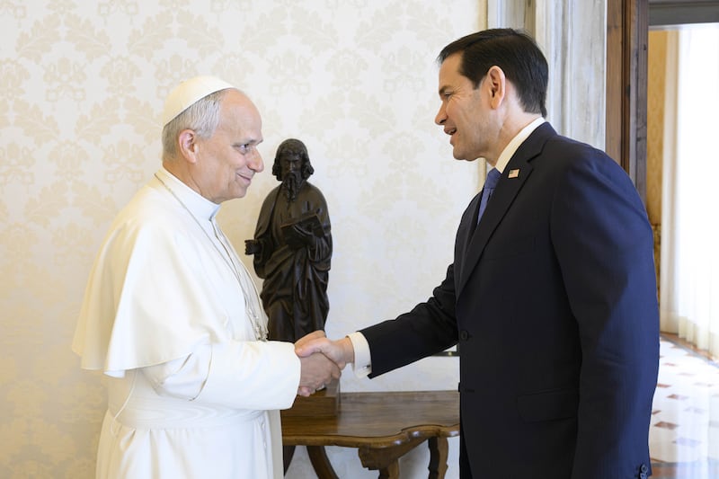Pope Leo XIV meets with Secretary of State Marco Rubio during an audience at the Apostolic Palace on May 07, 2026 in Vatican City, Vatican. Pope Leo XIV is meeting with Rubio amid tensions between Donald Trump and the Vatican over the war in Iran.