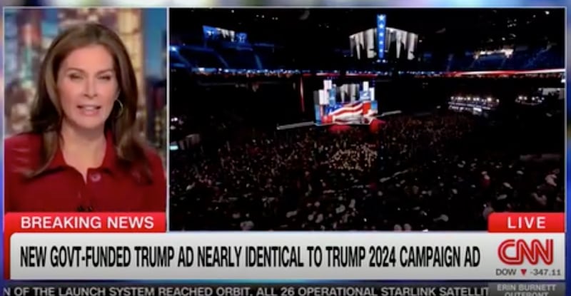 Erin Burnett shows footage of a 2024 Trump rally airing the black-and-white ad now airing in 2026.