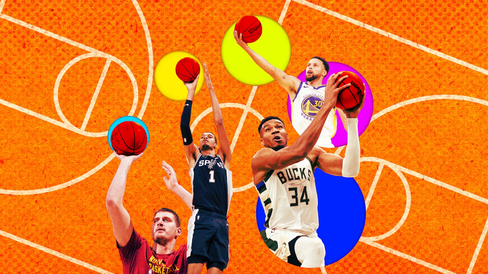 A photo illlustration of NBA players Nikola Jokic, Giannis Antetokounmpo, Victor Wembanyama, and Stephen Curry.