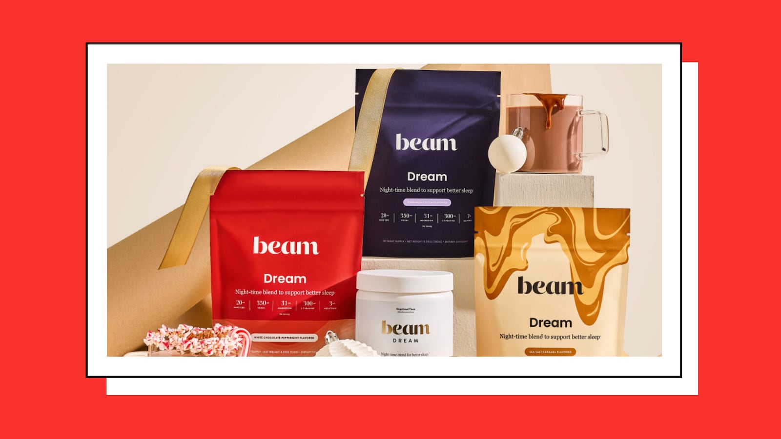 Beam Dream nighttime sleep supplements in various flavors including White Chocolate Peppermint, Cinnamon Cacao, and Sea Salt Caramel.