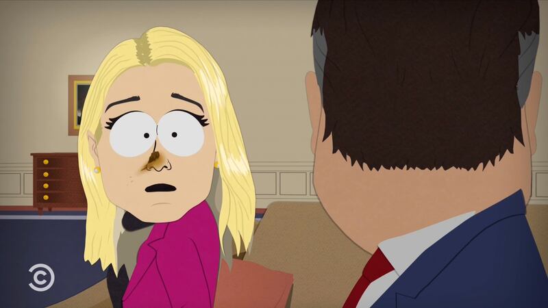 South Park episode showing Pam Bondi with feces on her nose.