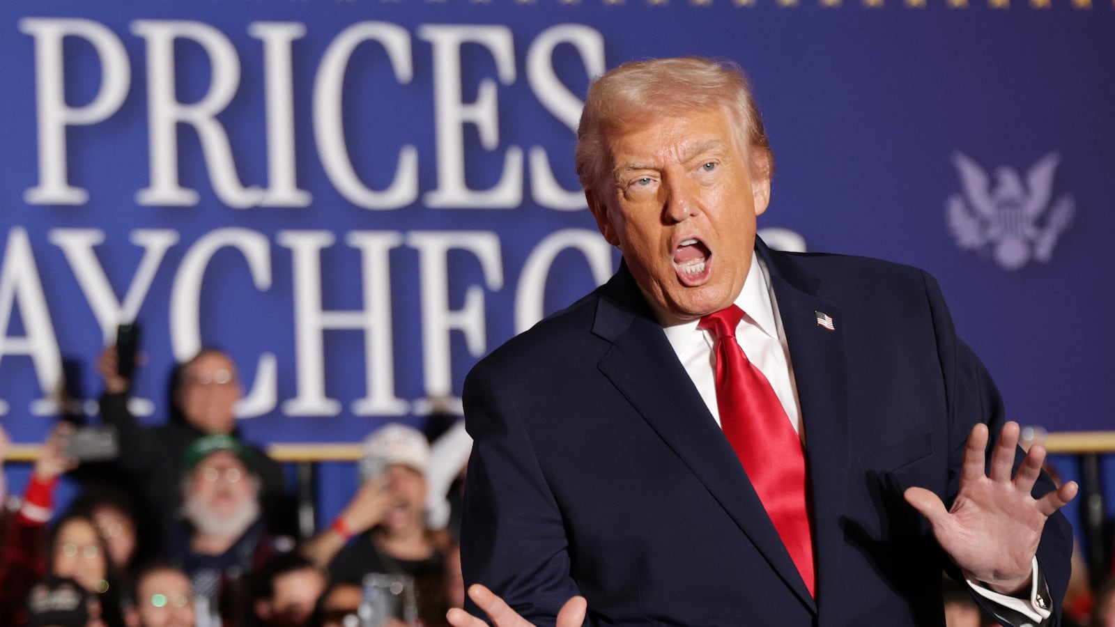 MOUNT POCONO, PENNSYLVANIA - DECEMBER 09: U.S. President Donald Trump enters to deliver remarks during an event at Mount Airy Casino Resort on December 9, 2025 in Mount Pocono, Pennsylvania. President Trump was discussing his administration's economic agenda and its efforts to lower the cost of living. (Photo by Alex Wong/Getty Images)