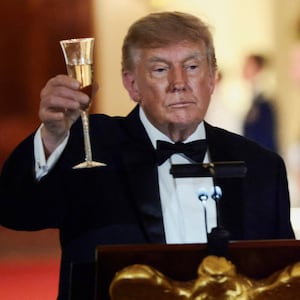 US President Donald Trump makes a toast during a state dinner for Chinese President Xi Jinping at the White House in Washington, D.C., US, September 24, 2026. REUTERS/Evelyn Hockstein
