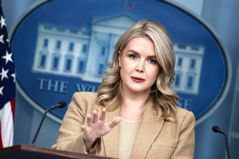 WASHINGTON DC, UNITED STATES - DECEMBER 1: The White House Press Secretary Karoline Leavitt speaks at the White House press briefing room in Washington DC, United States, on December 1, 2025. (Photo by Celal Gunes/Anadolu via Getty Images)
