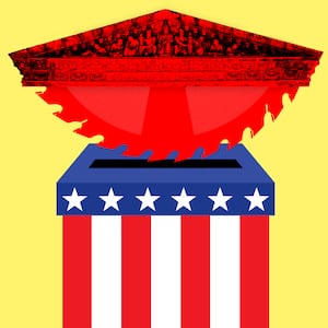 A photo illustration illo of the Supreme Court as a saw and a voter ballot box.