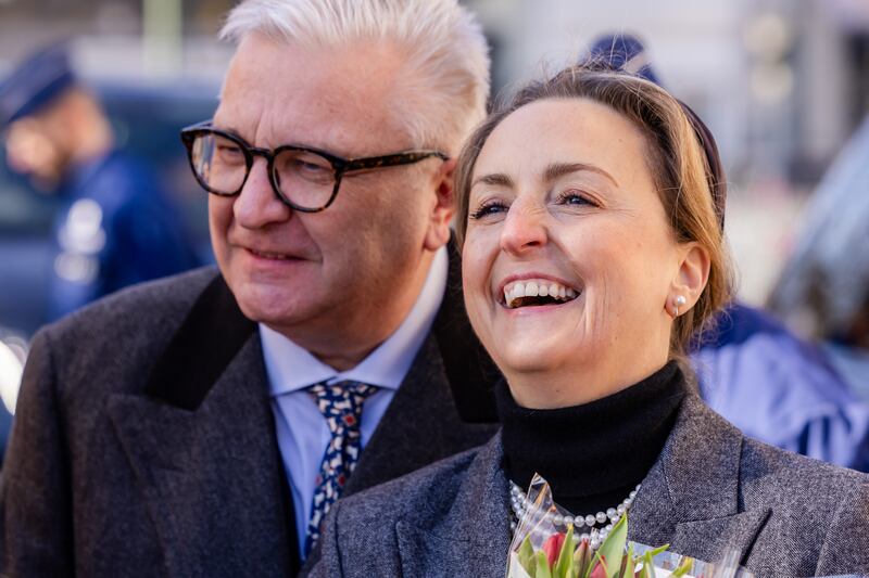 Prince Laurent and Princess Claire of Belgium attend the annual mass in memory of deceased members of the royal family at Eglise Notre-Dame de Laeken on February 18, 2025 in Laeken, Belgium.