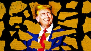 A photo illo illustration of Donald Trump and torn up pieces of the U.S. Constitution.