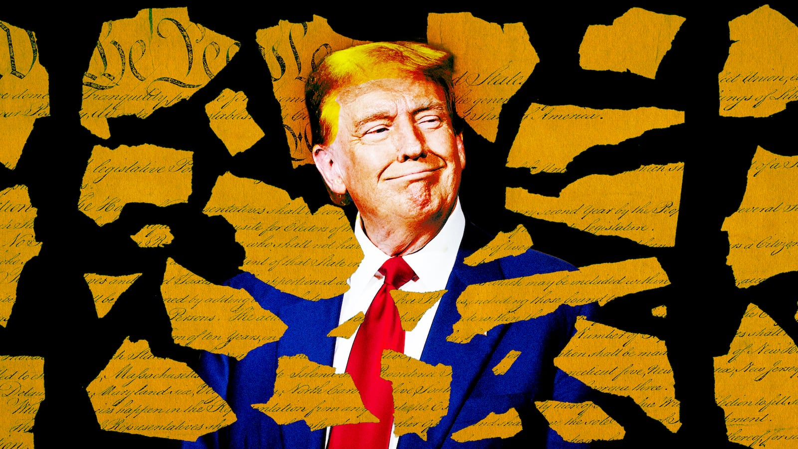 A photo illo illustration of Donald Trump and torn up pieces of the U.S. Constitution.