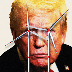 Illustrated gif of Donald Trump looking angry with spinning wind turbine / windmills over his eyes