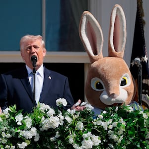 U.S. President Donald Trump, first lady Melania Trump and the Easter Bunny during the 2026 White House Easter Egg Roll at the White House in Washington, D.C., U.S., April 6, 2026. REUTERS/Evan Vucci