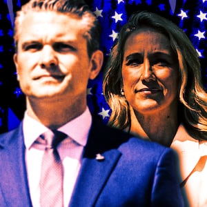 A photo illustration of Pete and Jennifer Hegseth.