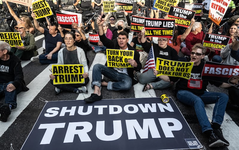 People block traffic in a protest against President Donald Trump on September 23, 2025 in New York City. The protest goal was to block Trump's motorcade ahead of his appearance at the UN’s General Assembly.