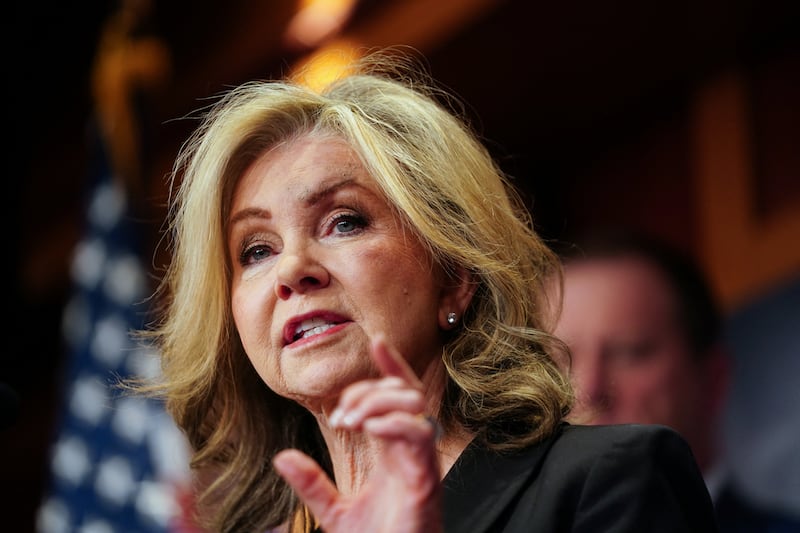 U.S. Senator Marsha Blackburn (R-TN) attends a press conference in favor of the proposed "SAVE America Act", which would require proof of U.S. citizenship in registering to vote and a photo ID for casting ballots, at the U.S. Capitol in Washington, D.C., U.S., March 18, 2026.
