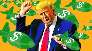 A photo illustration of Donald Trump with green bombs fall around him with dollar signs on them.
