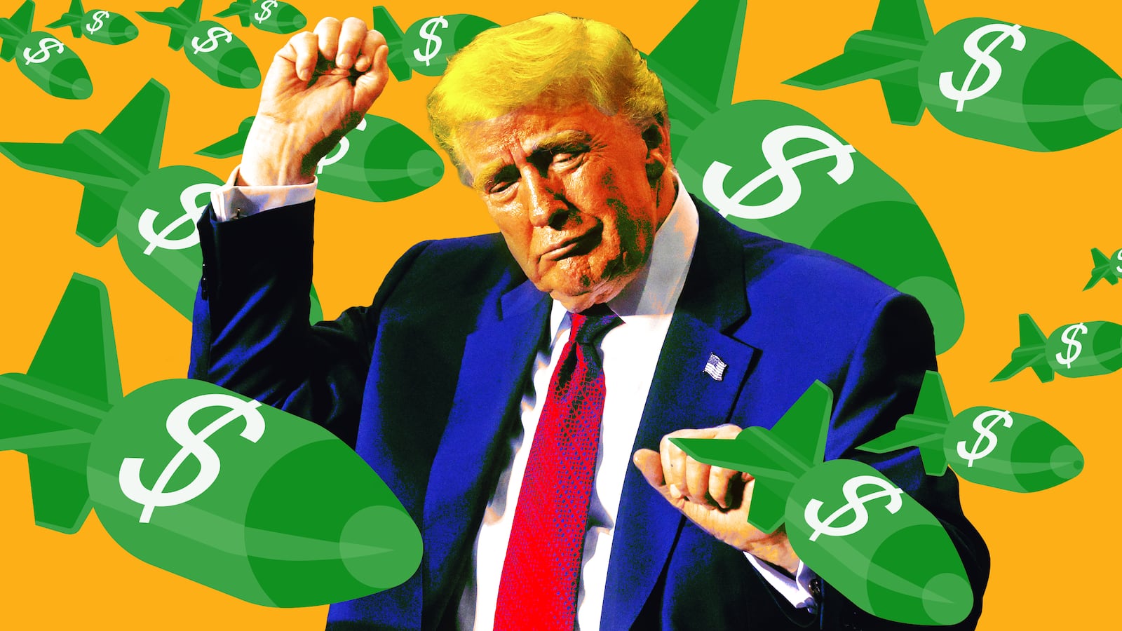 A photo illustration of Donald Trump with green bombs fall around him with dollar signs on them.