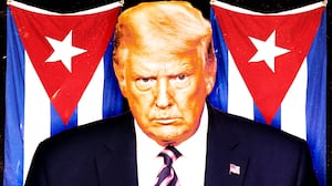 A photo illustration of Donald Trump in front of Cuban flags.