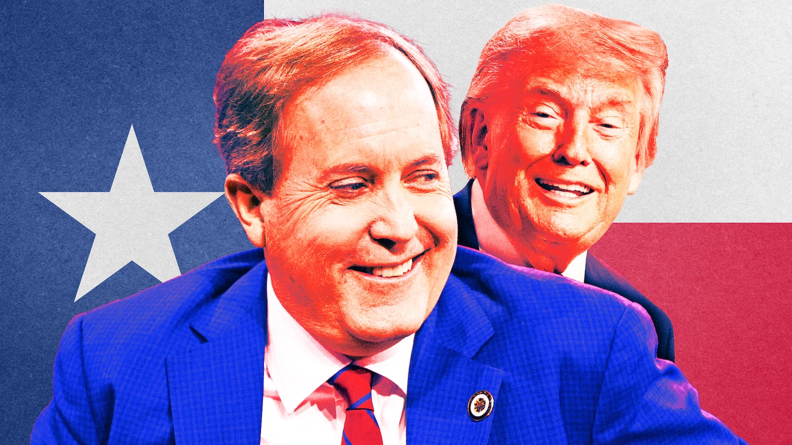 A photo illo illustration of Ken Paxton and Donald Trump.