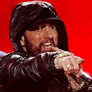 Eminem performs on stage during the 37th Annual Rock & Roll Hall Of Fame Induction Ceremony