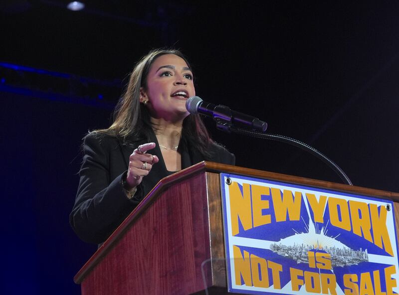 Congresswoman Alexandria Ocasio-Cortez speaks during an election rally supporting New York mayoral candidate Zohran Mamdani at Forest Hills Stadium