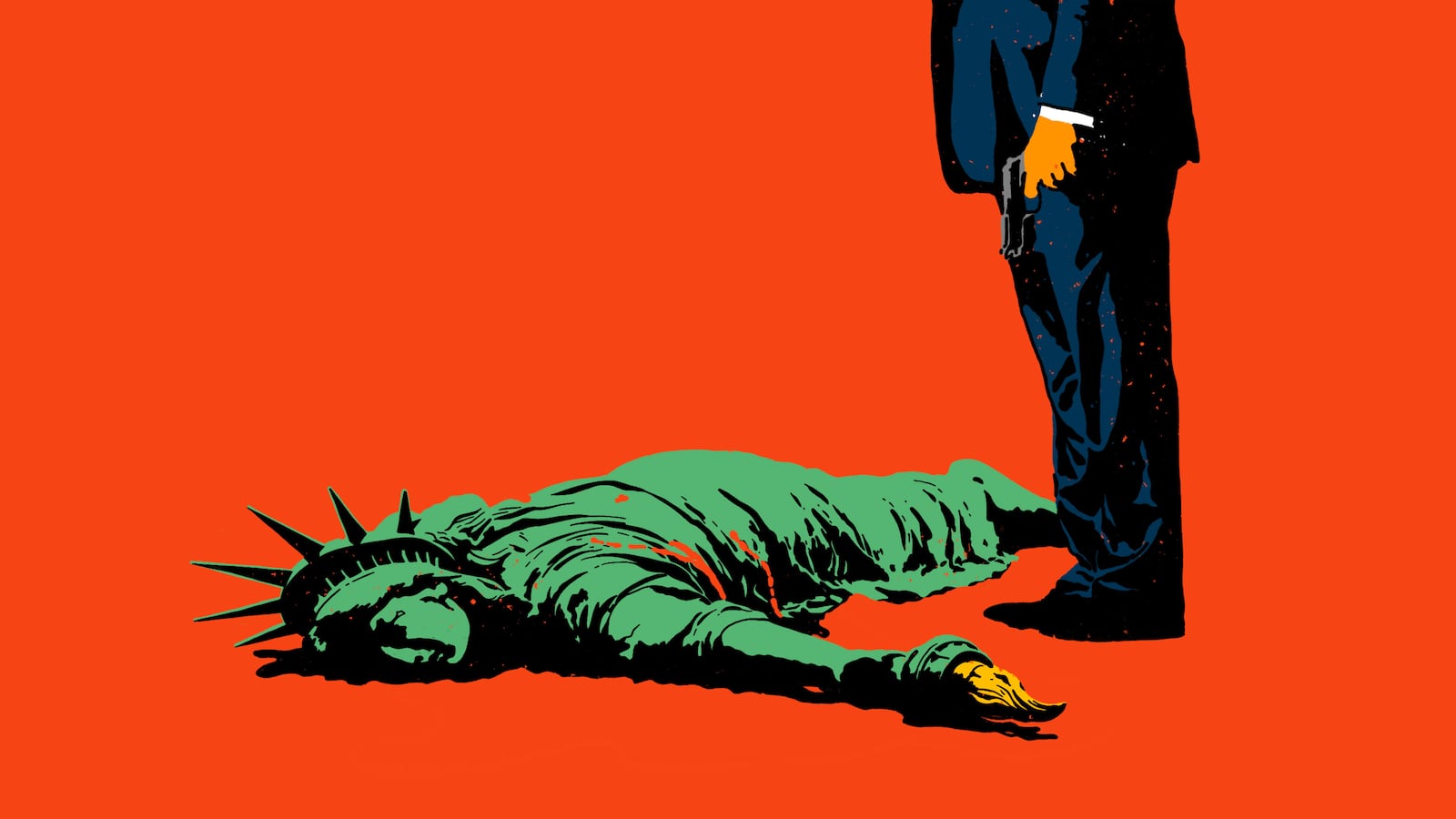 The Statue of Liberty laying on the ground bleeding after being shot by Donald Trump