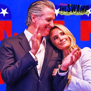A photo illustration of California Gov. Gavin Newsom and Jennifer Siebel-Newsom in front of GOP elephants for The Swamp.