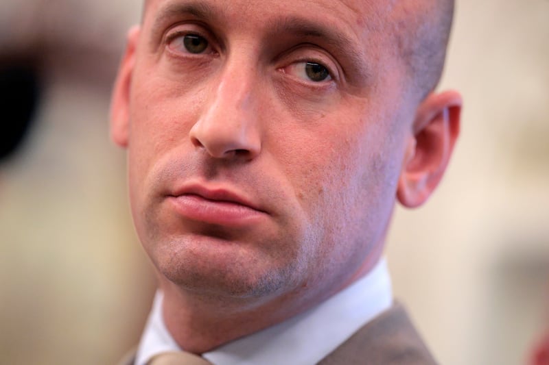 WASHINGTON, DC - JULY 22: White House Deputy Chief of Staff Stephen Miller attends a meeting with President Donald Trump and Philippine President Ferdinand Marcos Jr. in the Oval Office at the White House on July 22, 2025 in Washington, DC. Trump and Marcos are expected to discuss trade tariffs, increasing security cooperation in the face of China’s growing maritime power in the West Philippine Sea and other topics. (Photo by Chip Somodevilla/Getty Images)