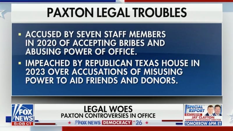 Fox News air Ken Paxton's legal issues while interviewing him.