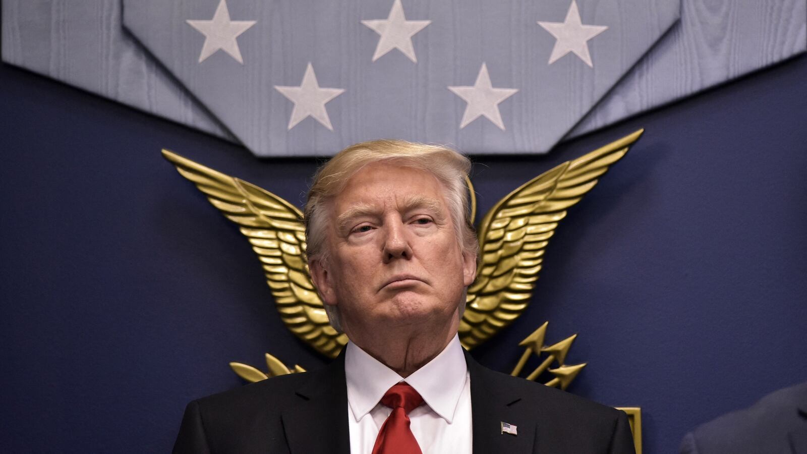 Donald Trump speaks following the ceremonial swearing-in of James Mattis as secretary of defense on January 27, 2017.