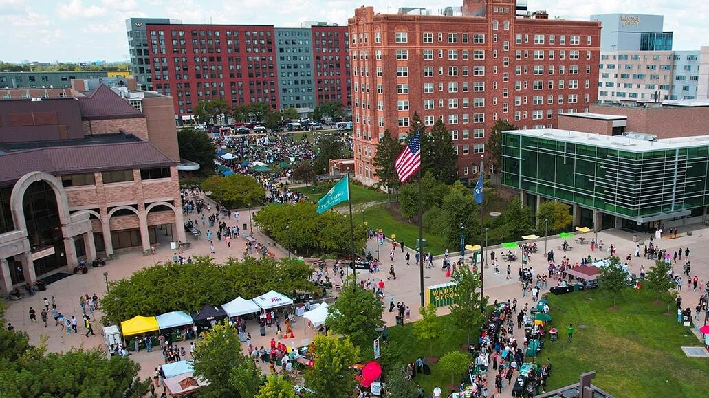 An overhead view of Wayne State University's campus