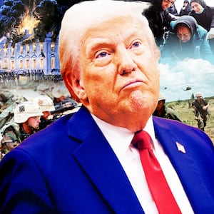 A photo illustration of Donald Trump and images from the Iran White, War of 1812, Iraq War, and Vietnam War.