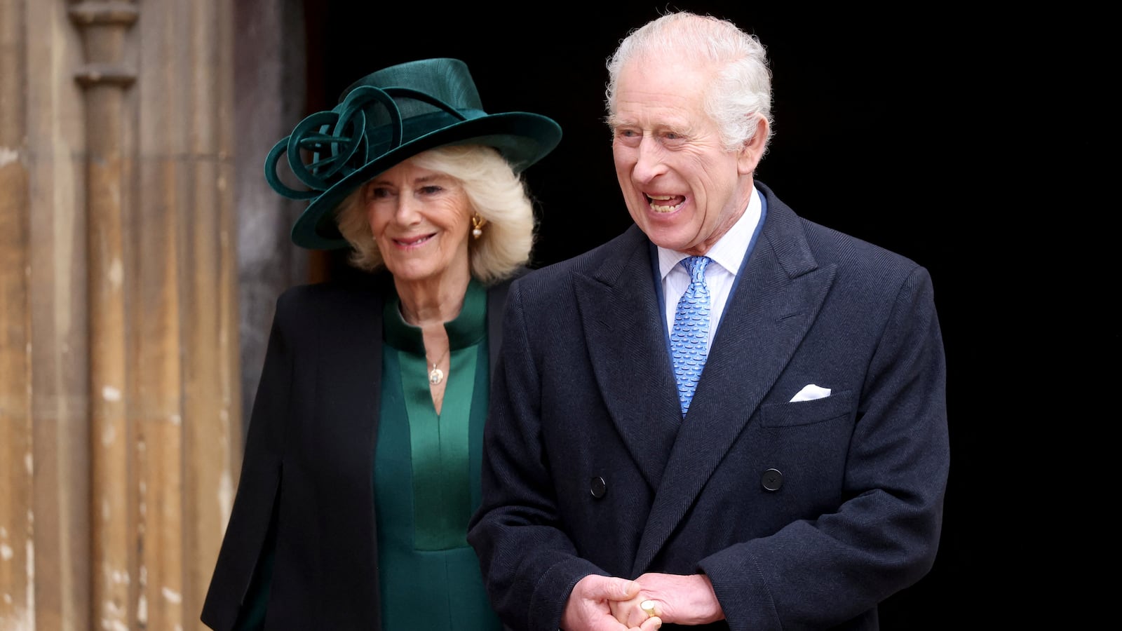 Queen Camilla, left, and King Charles leave after attending the Easter Matins Service at St. George's Chapel, Windsor Castle, March 31, 2024.