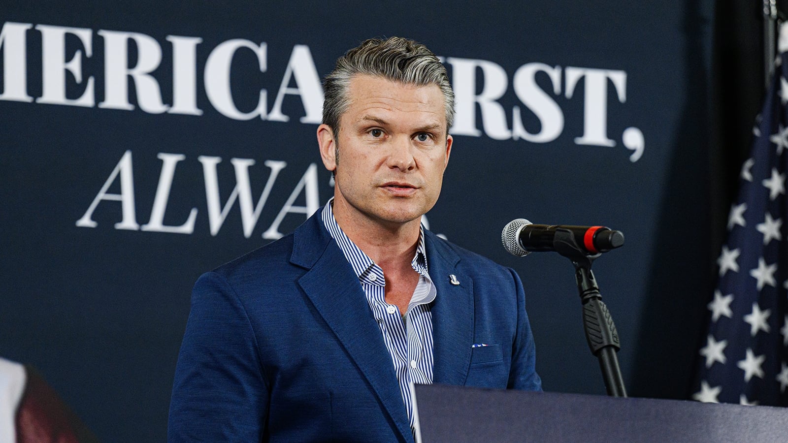 Secretary of War Pete Hegseth speaks on stage during an America First Workers Special Event on May 18, 2026 in Hebron, Kentucky. Hegseth, who came to support Ed Gallrein, Republican congressional candidate for Kentucky, for a campaign event held one day before Kentucky's Primary Election, where Trump-endorsed Gallrein is running against incumbent Thomas Massie.