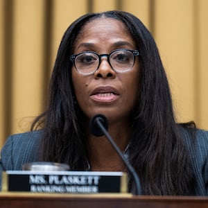 UNITED STATES - MARCH 30: Ranking member Del. Stacey Plaskett, D-V.I., speaks during the House Judiciary Select Subcommittee on the Weaponization of the Federal Government hearing on the Missouri v. Biden case challenging the administrations violation of the First Amendment by directing social media companies to censor and suppress Americans' free speech, in Rayburn Building on Thursday, March 30, 2023. (Tom Williams/CQ-Roll Call, Inc via Getty Images)