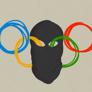 Illustration of a black terrorist hood with the olympic rings going through