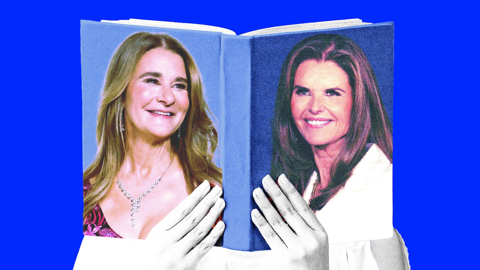 Melinda Gates and Maria Shriver on a book cover held by woman on a blue background